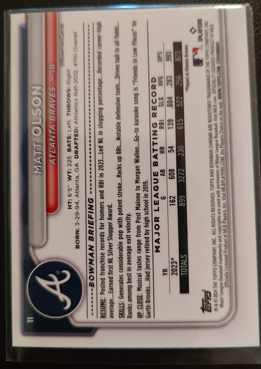 Matt Olson #11 2024 Bowman Chrome Baseball Card Back