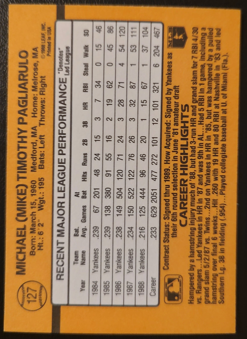 Mike Pagliarulo #127 1989 Donruss Baseball Card Back