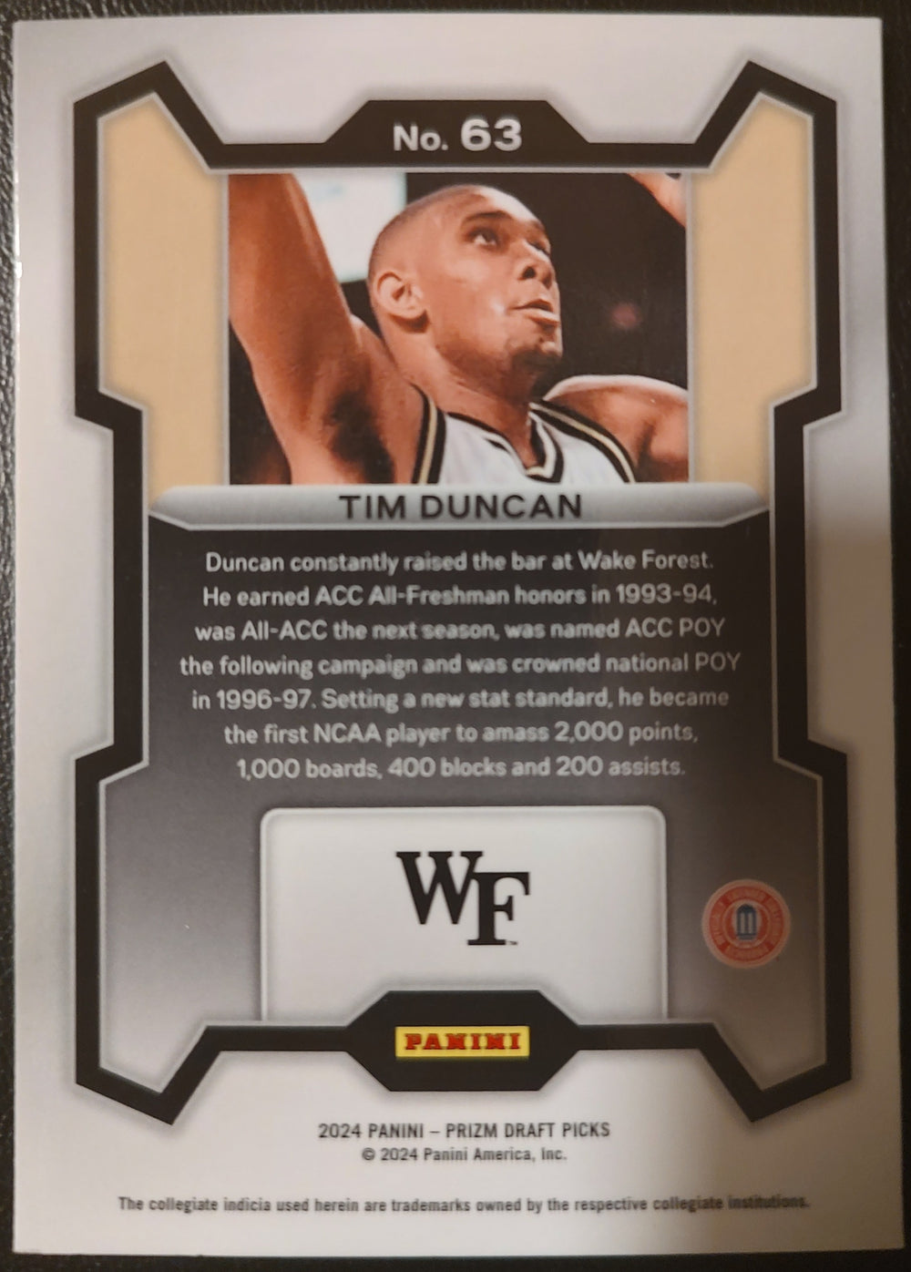 Tim Duncan #63 Silver Prizm 2024 Panini Draft Picks Basketball Card Back