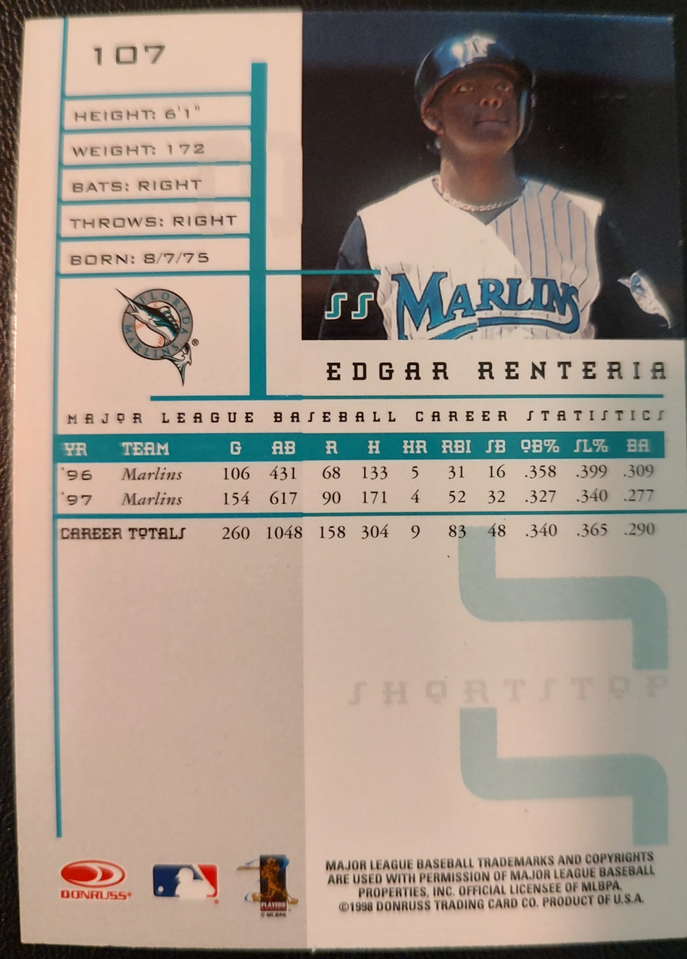 Edgar Renteria #107 1998 Leaf Rookies and Stars Baseball Card Back