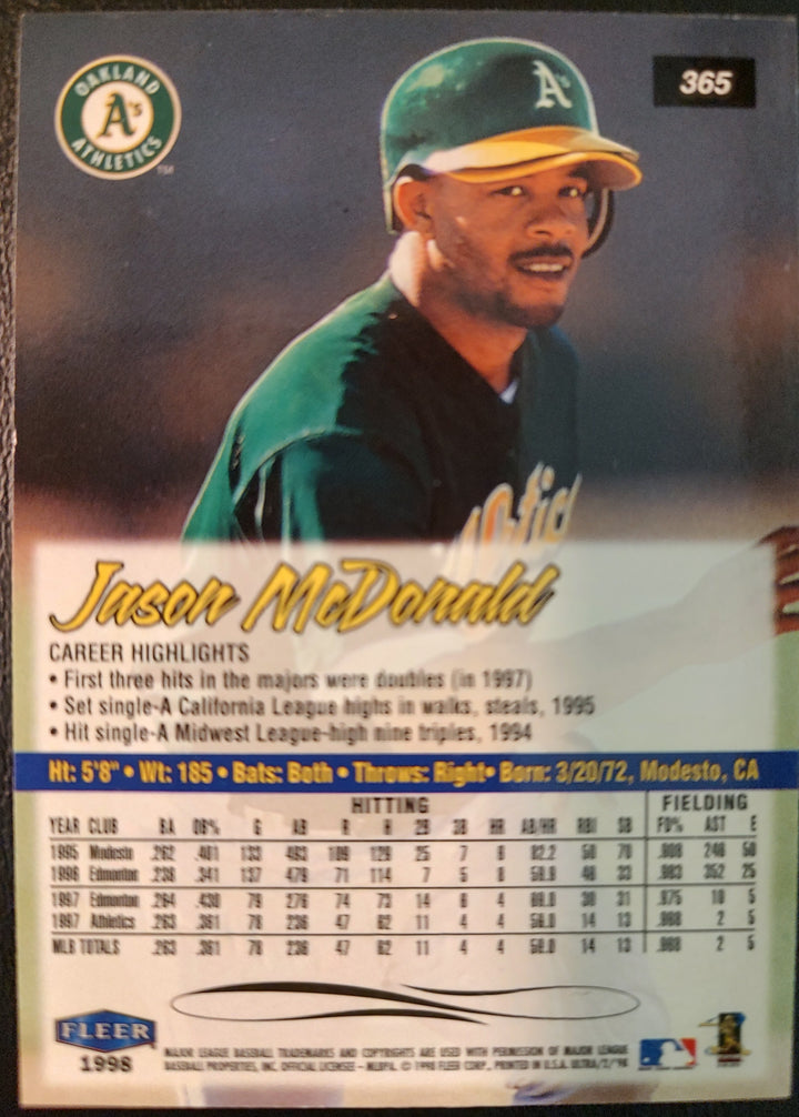 Jason McDonald #365 1998 Ultra Baseball Card Back