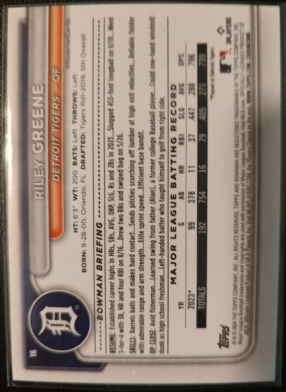 Riley Greene #16 2024 Bowman Baseball Card Back