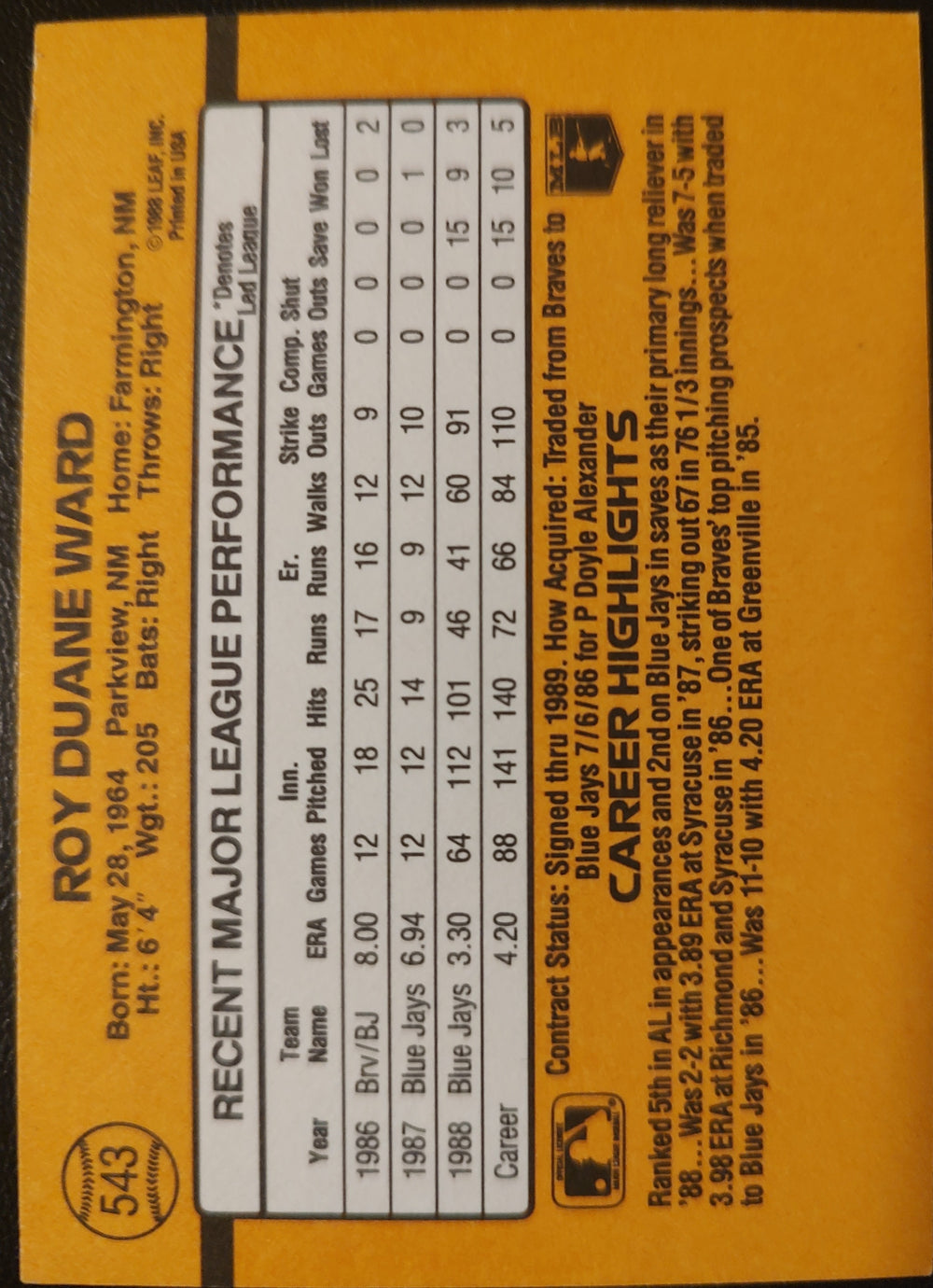 Duane Ward #543 1989 Donruss Baseball Card Back