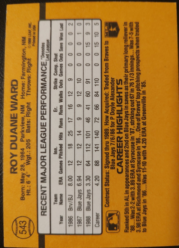 Duane Ward #543 1989 Donruss Baseball Card Back