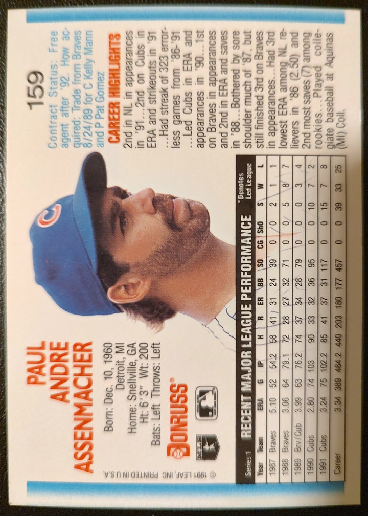 Paul Assenmacher #159 1992 Donruss Baseball Card Back