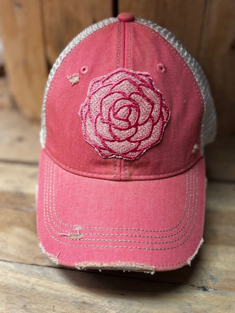 Peony Distressed Snapback Mesh Hat