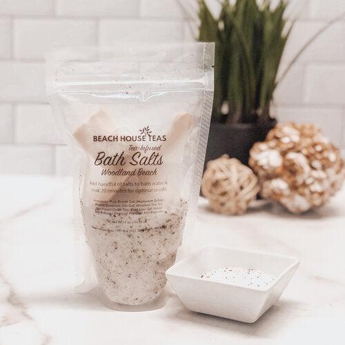 Woodland Beach Tea Infused Bath Salts on a Counter.