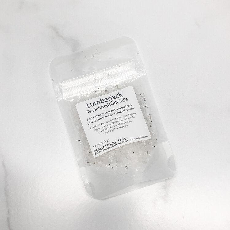 Packaged Lumberjack tea-fizzled bath salts on a white background.