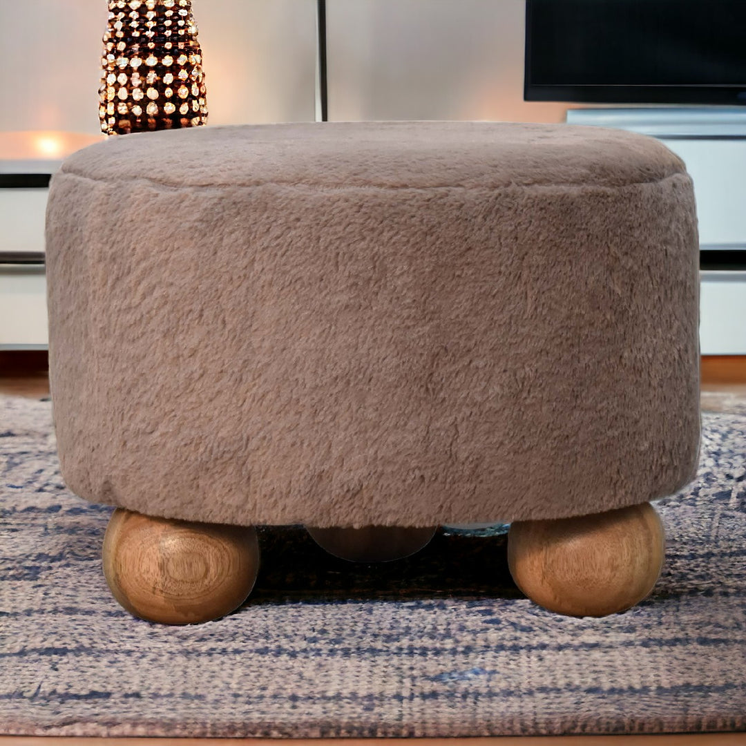 Mocha Faux Fur Round Ball Footstool Photo 11