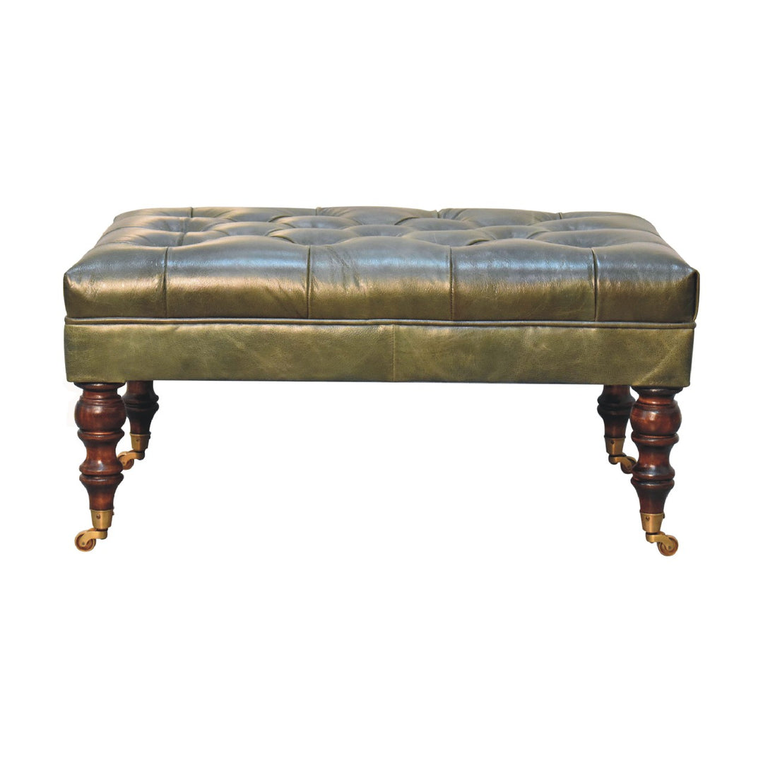 Buffalo Green Leather Ottoman with Castor Legs Photo 2