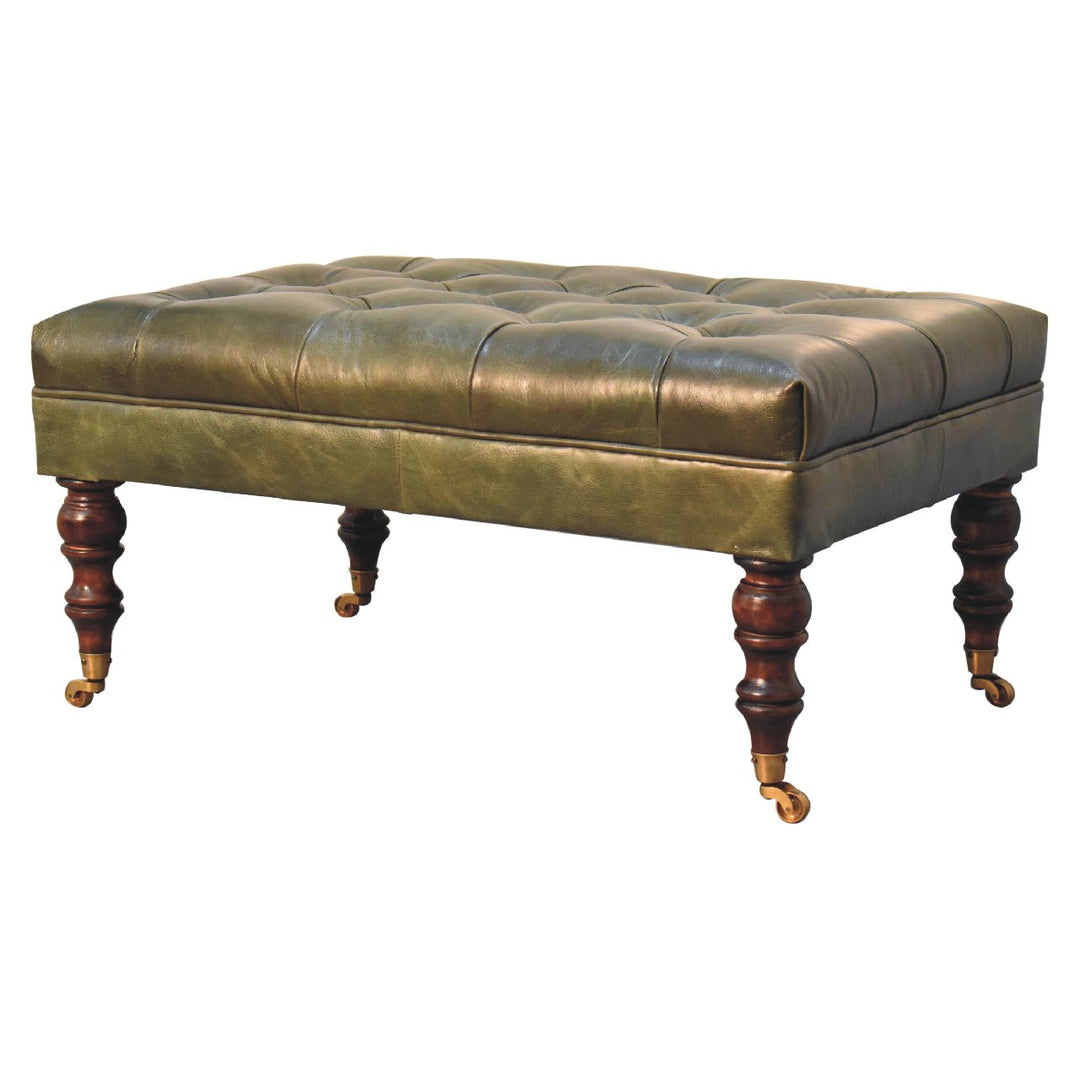 Buffalo Green Leather Ottoman with Castor Legs Photo 3