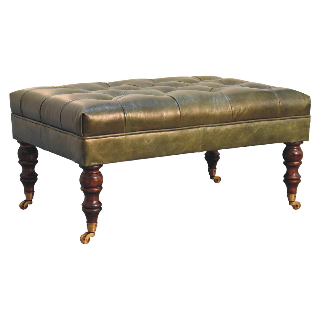 Buffalo Green Leather Ottoman with Castor Legs Photo 4