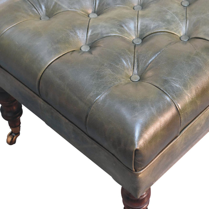 Buffalo Green Leather Ottoman with Castor Legs Photo 6