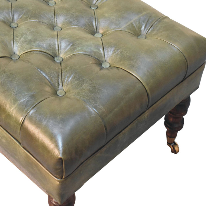 Buffalo Green Leather Ottoman with Castor Legs Photo 7