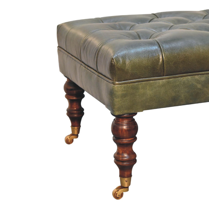 Buffalo Green Leather Ottoman with Castor Legs Photo 8