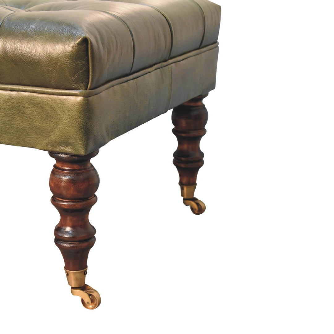 Buffalo Green Leather Ottoman with Castor Legs Photo 9