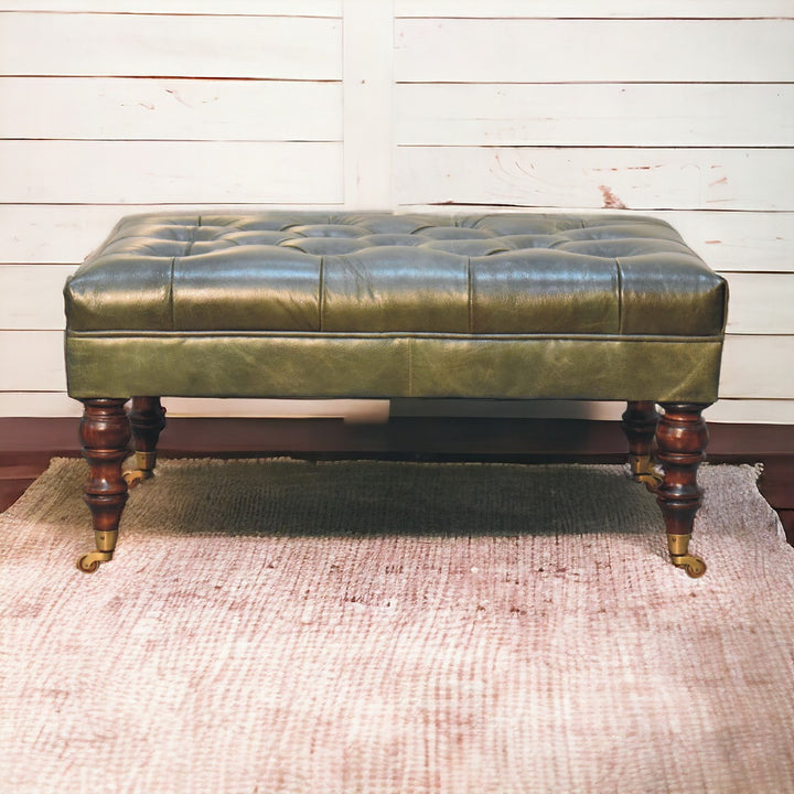 Buffalo Green Leather Ottoman with Castor Legs Photo 11