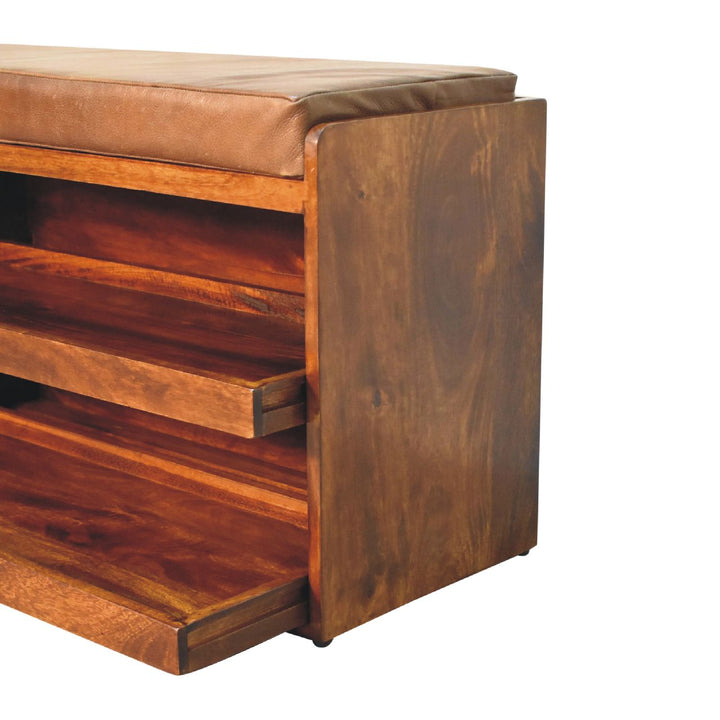 Buffalo Hide Pull out Chestnut Shoe Storage Bench Photo 7