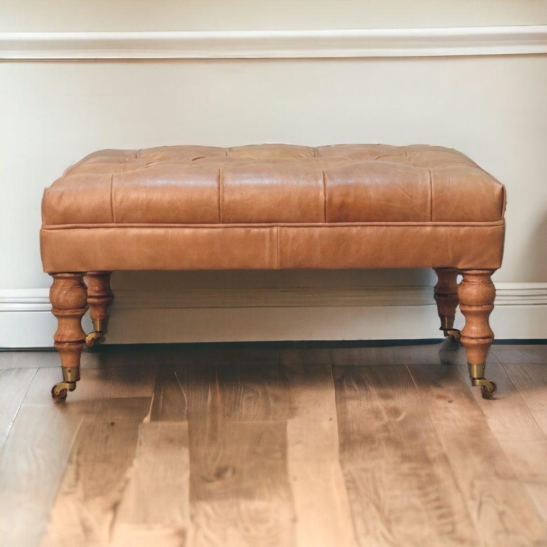 Buffalo Tan Leather Ottoman with Castor Legs Photo 11