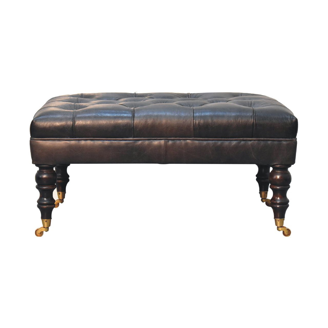 Buffalo Ash Black Leather Ottoman with Castor Legs Photo 2