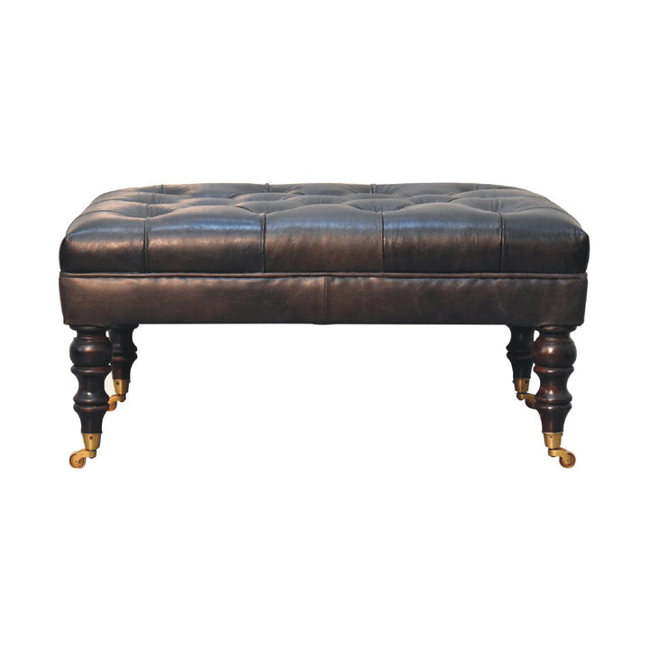 Buffalo Ash Black Leather Ottoman with Castor Legs Photo 2