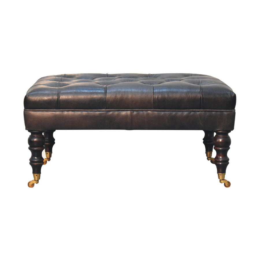 Buffalo Ash Black Leather Ottoman with Castor Legs