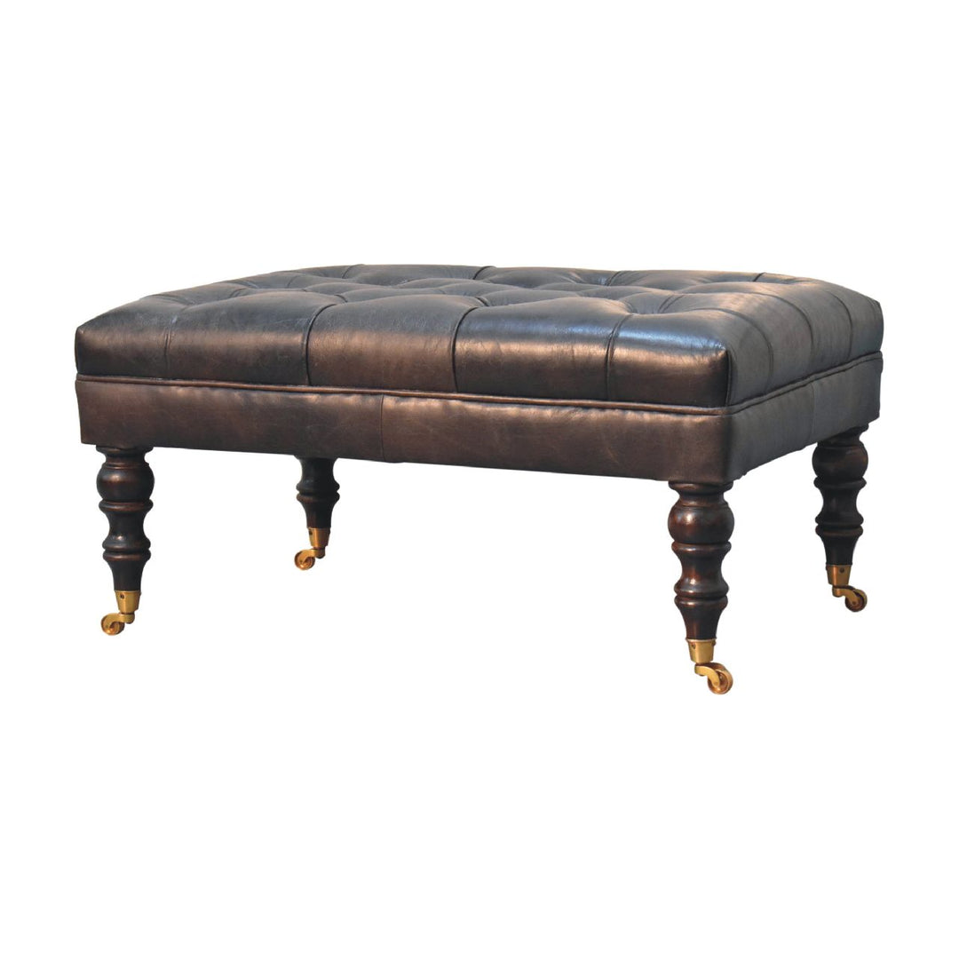 Buffalo Ash Black Leather Ottoman with Castor Legs Photo 3