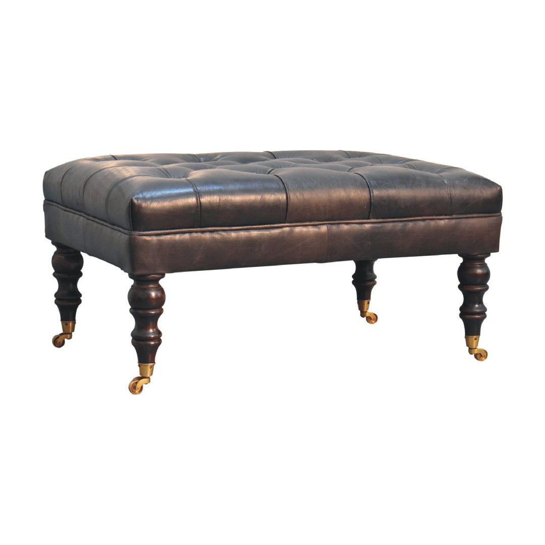 Buffalo Ash Black Leather Ottoman with Castor Legs Photo 4