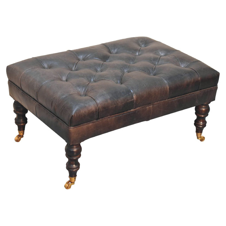 Buffalo Ash Black Leather Ottoman with Castor Legs Photo 6