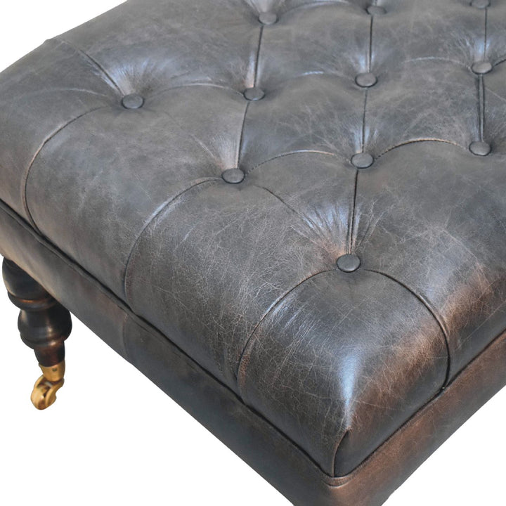 Buffalo Ash Black Leather Ottoman with Castor Legs Photo 7