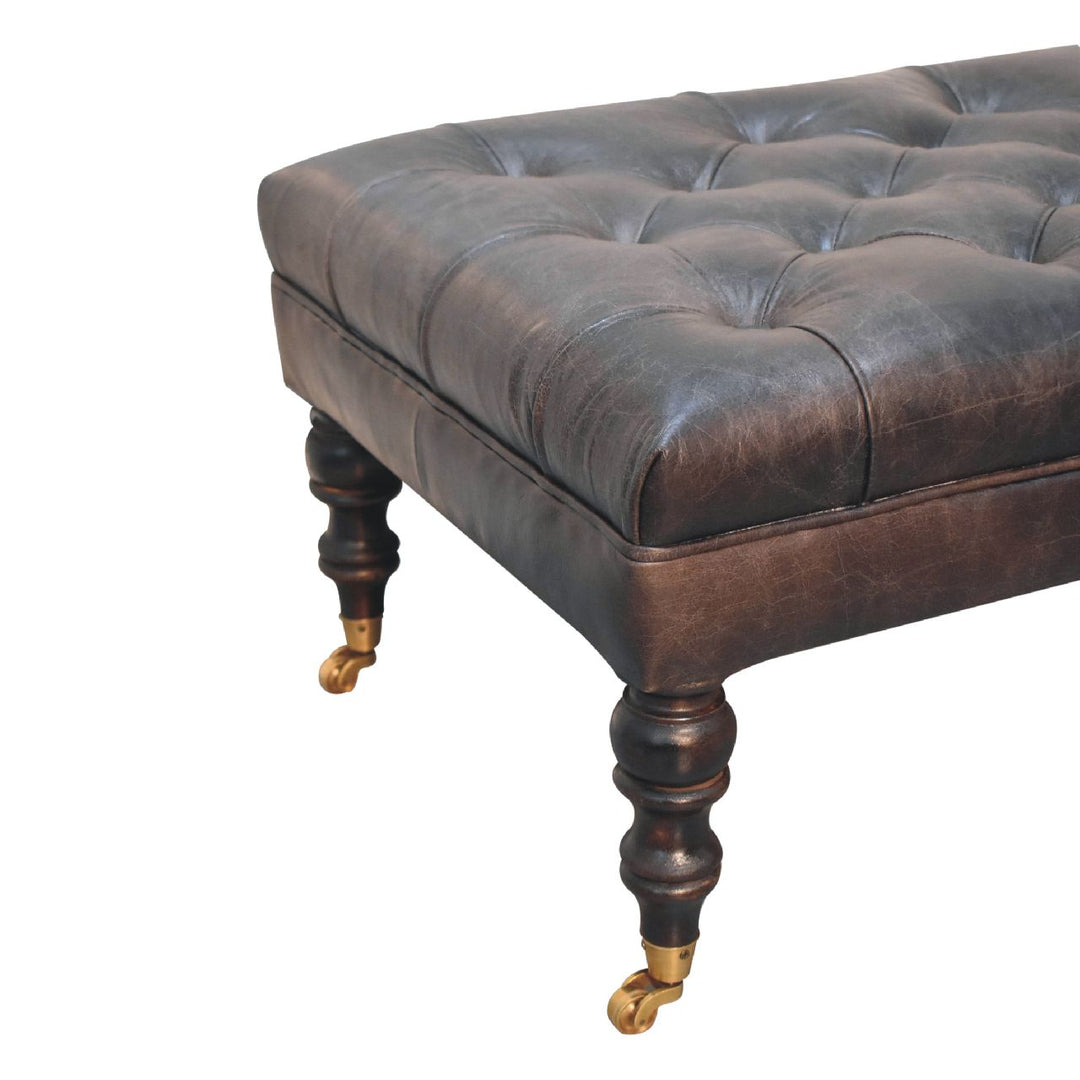 Buffalo Ash Black Leather Ottoman with Castor Legs Photo 8