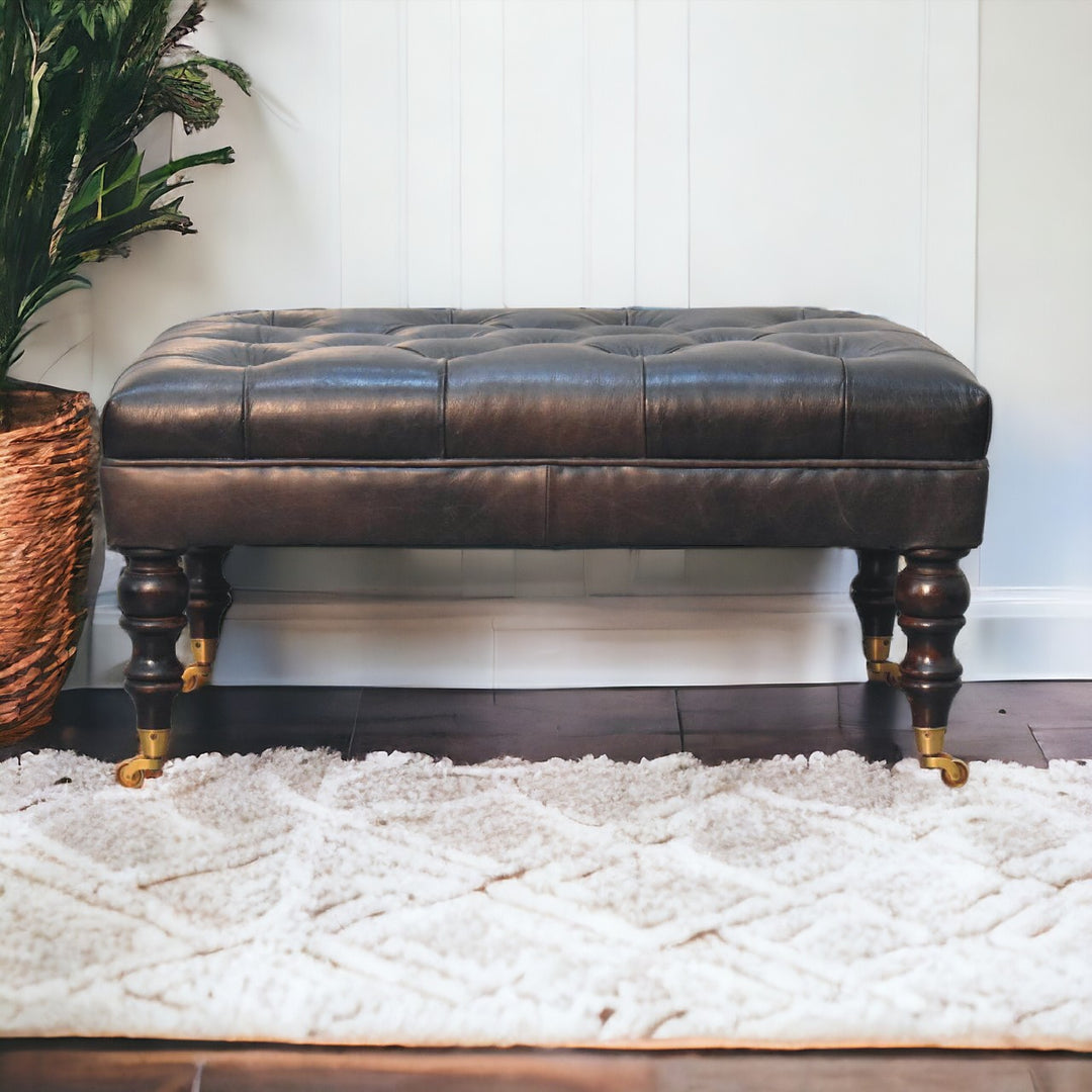 Buffalo Ash Black Leather Ottoman with Castor Legs Photo 11