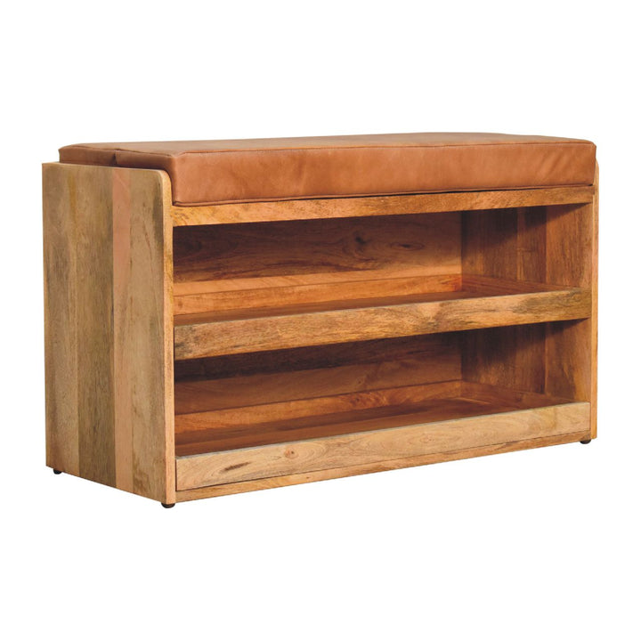 Buffalo Hide Pull out Oak-ish Shoe Storage Bench Photo 4