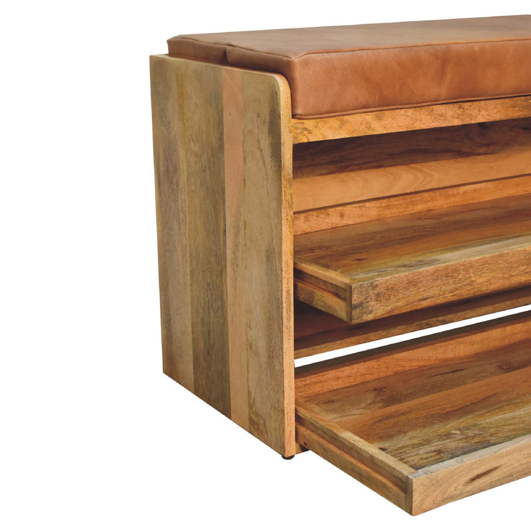 Buffalo Hide Pull out Oak-ish Shoe Storage Bench Photo 7