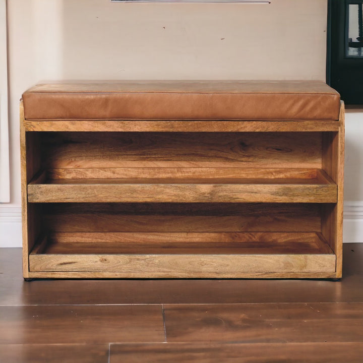 Buffalo Hide Pull out Oak-ish Shoe Storage Bench Photo 11