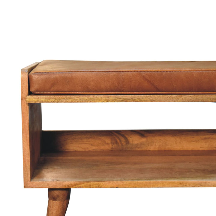 Oak-ish Bench with Tan Leather Seatpad Photo 5