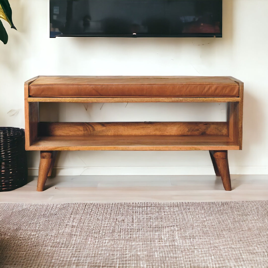 Oak-ish Bench with Tan Leather Seatpad Photo 11