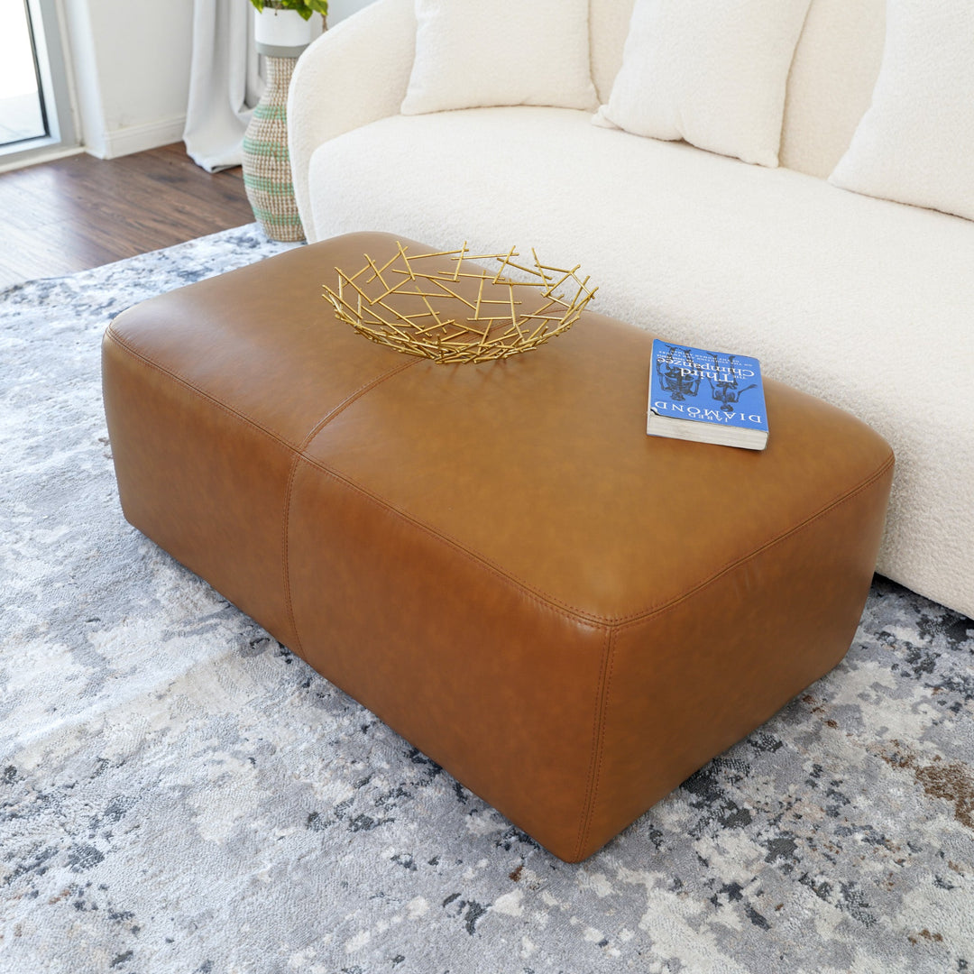 Ingram Tan Leather Ottoman with Book