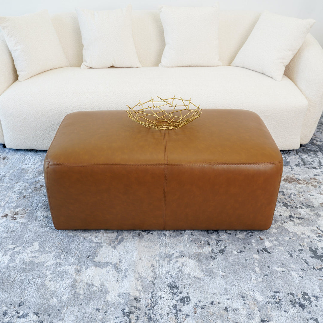 Ingram Tan Leather Ottoman Front View