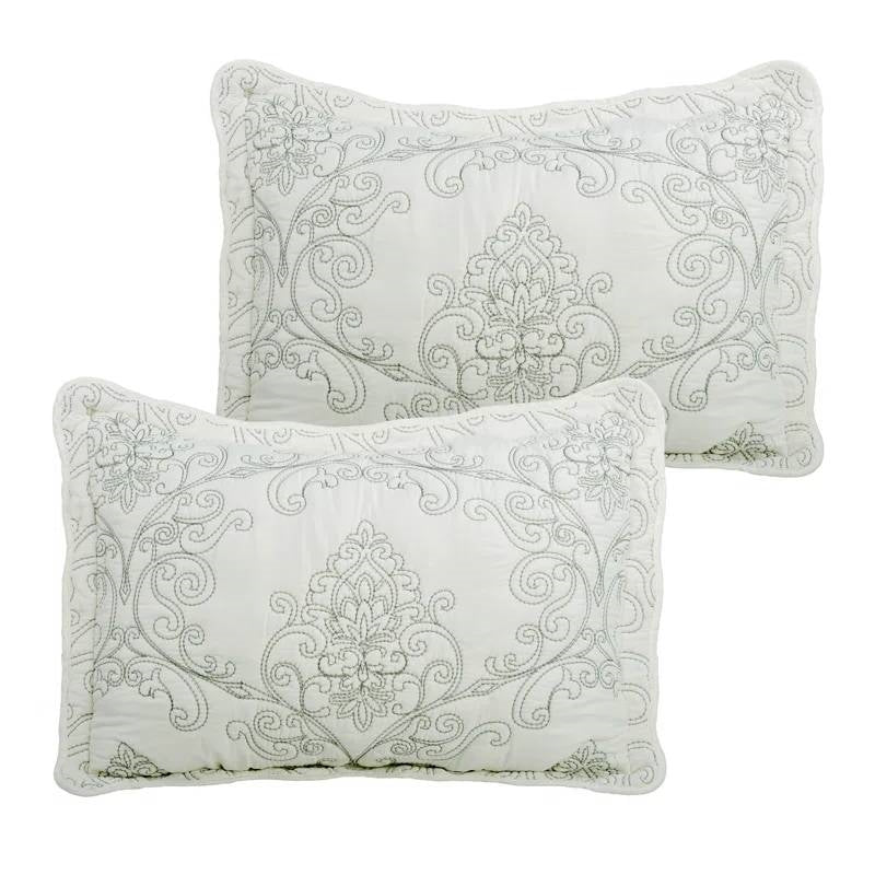 King Size Antique White Damask Embroidered 4 Piece Oversized Bedspread Set
