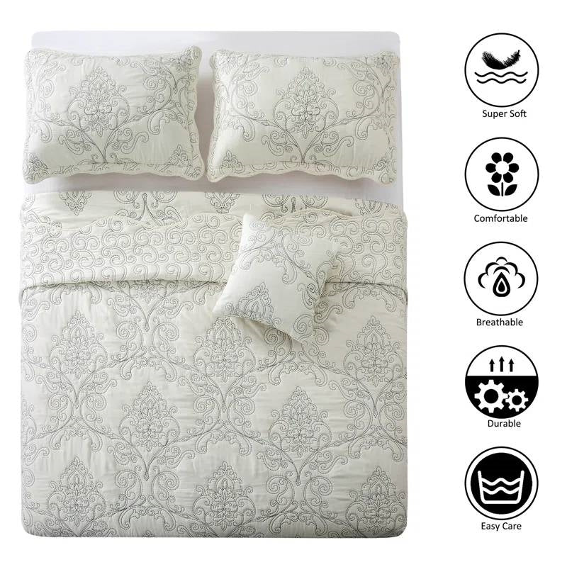 King Size Antique White Damask Embroidered 4 Piece Oversized Bedspread Set