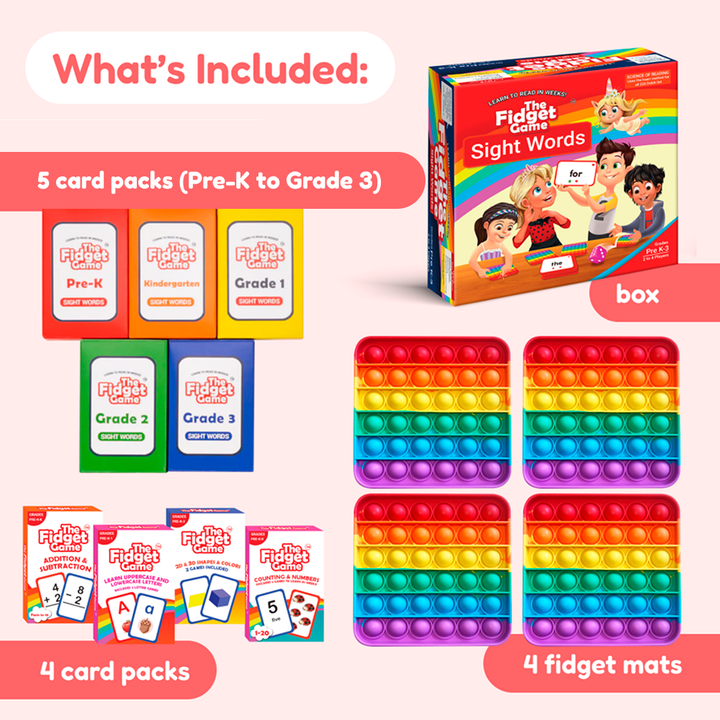 Educational game set with card packs, pop it mats, and box on a pink background.