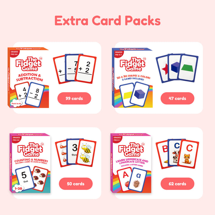 Extra card packs for The Fidget Game on a pink background.