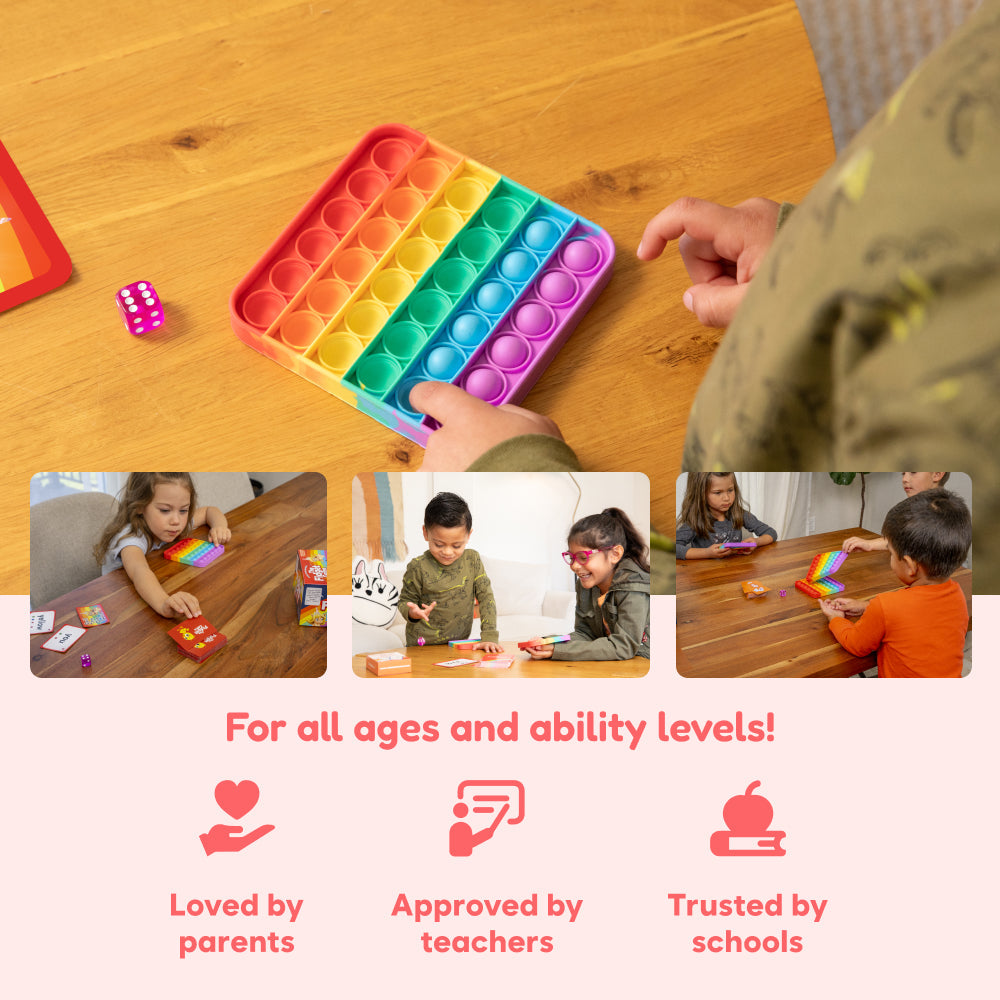 Colorful pop it toys on a wooden table with children playing around it, and text indicating its suitability for all ages and ability levels.