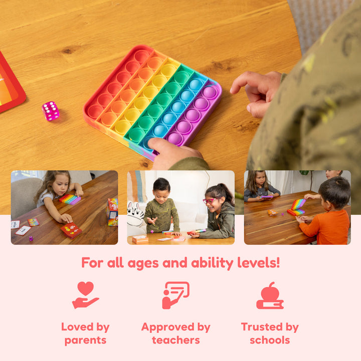 Colorful pop it toys on a wooden table with children playing around it, and text indicating its suitability for all ages and ability levels.
