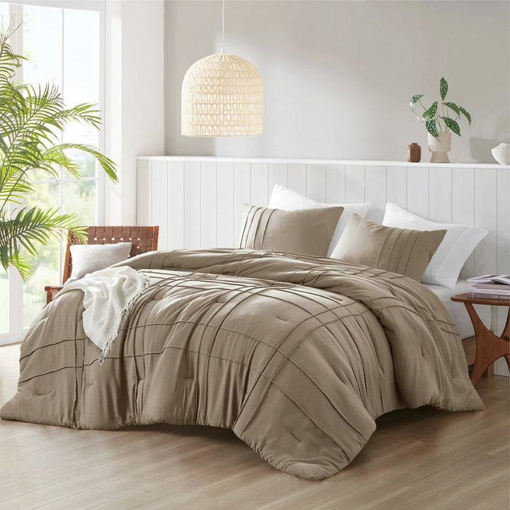King Size Microfiber Pleated Soft Lightweight Comforter Set Tan Khaki Taupe