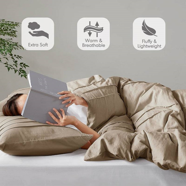 King Size Microfiber Pleated Soft Lightweight Comforter Set Tan Khaki Taupe