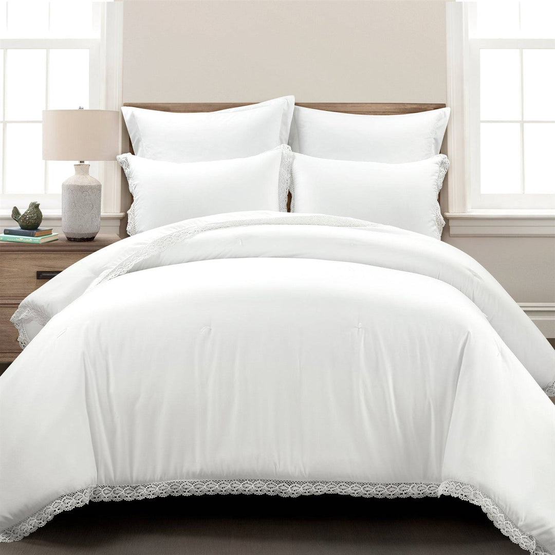 King Size White 5-Piece Lightweight Polyester Comforter Set with Lace Trim