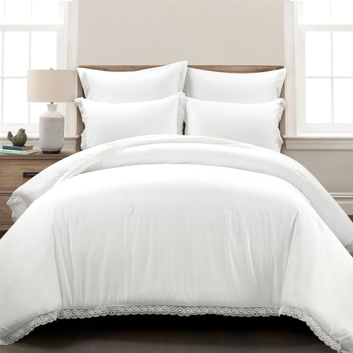 King Size White 5-Piece Lightweight Polyester Comforter Set with Lace Trim