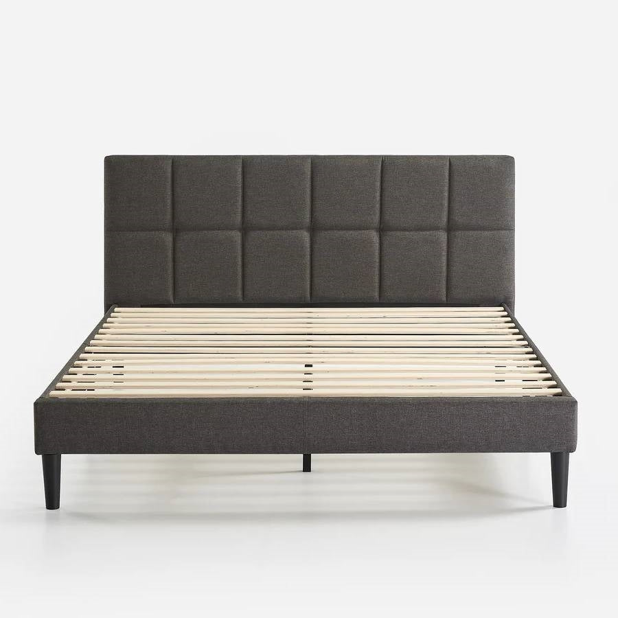 King Size Grey Upholstered Platform Bed Frame with Padded Headboard